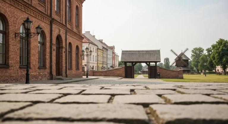 Zabytkowy budynek muzeum przy radomskim rynku, w tle drewniana chata i wiatrak skansenu