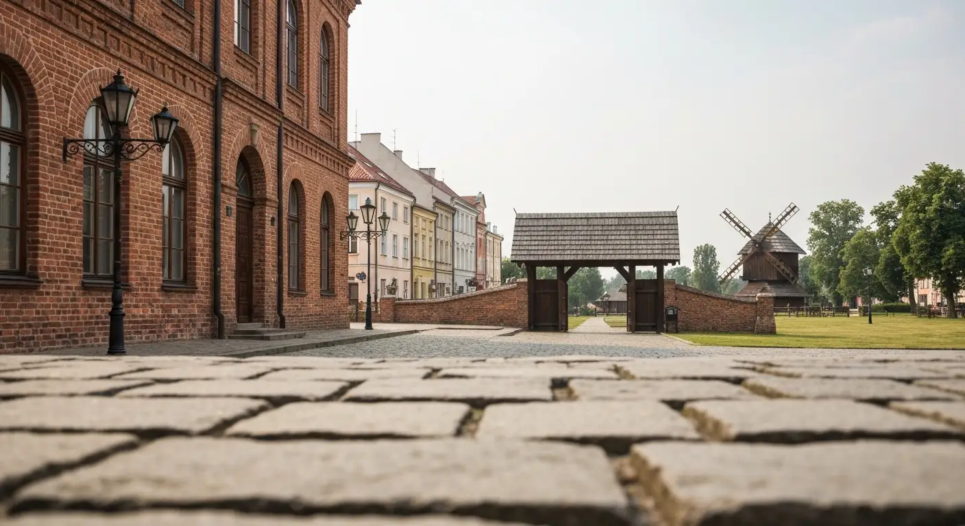 Zabytkowy budynek muzeum przy radomskim rynku, w tle drewniana chata i wiatrak skansenu
