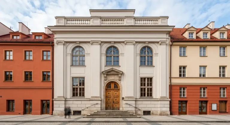 Zabytkowy gmach muzeum przy rynku w Radomiu, jasna klasycystyczna elewacja, kamienice i bruk w swietle dnia