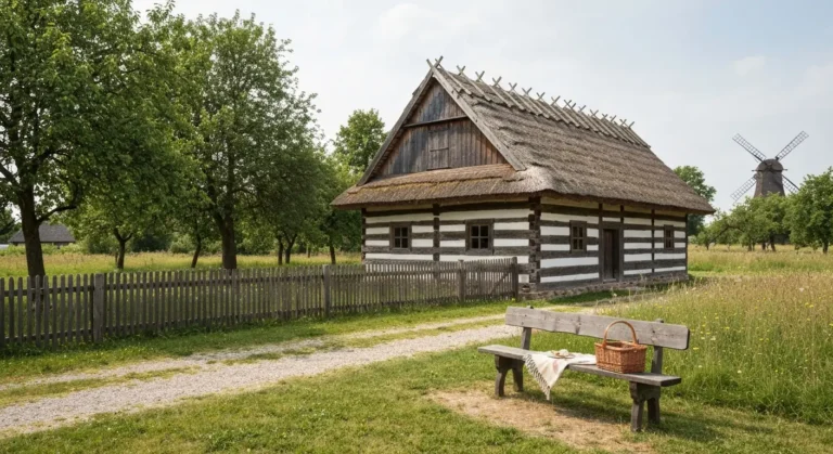 Drewniana chata kryta strzecha w skansenie pod Radomiem, przed nia lawka z kocem piknikowym i wiklinowym koszem