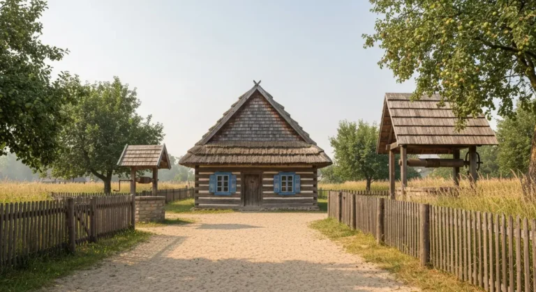 Drewniana chata kryta strzecha i stara studnia w skansenie pod Radomiem, piaszczysta sciezka miedzy plotami