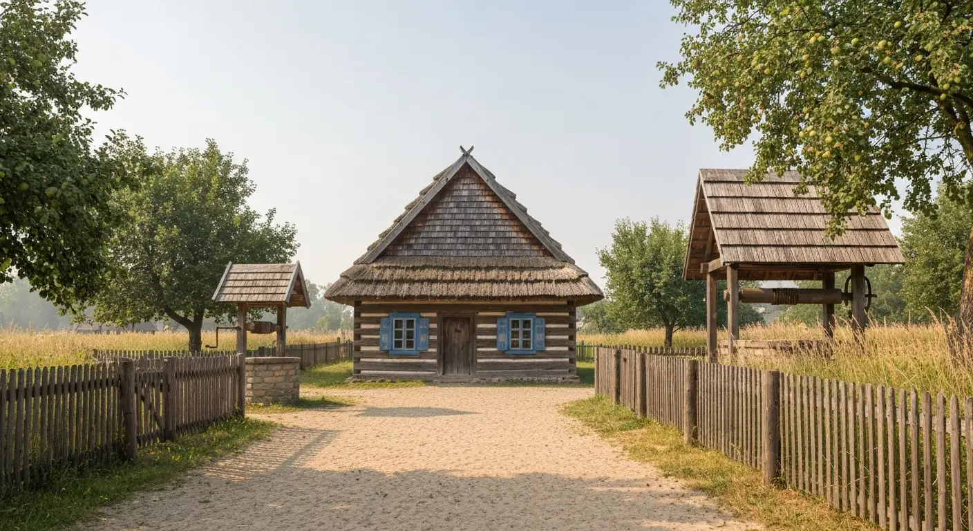 Drewniana chata kryta strzecha i stara studnia w skansenie pod Radomiem, piaszczysta sciezka miedzy plotami