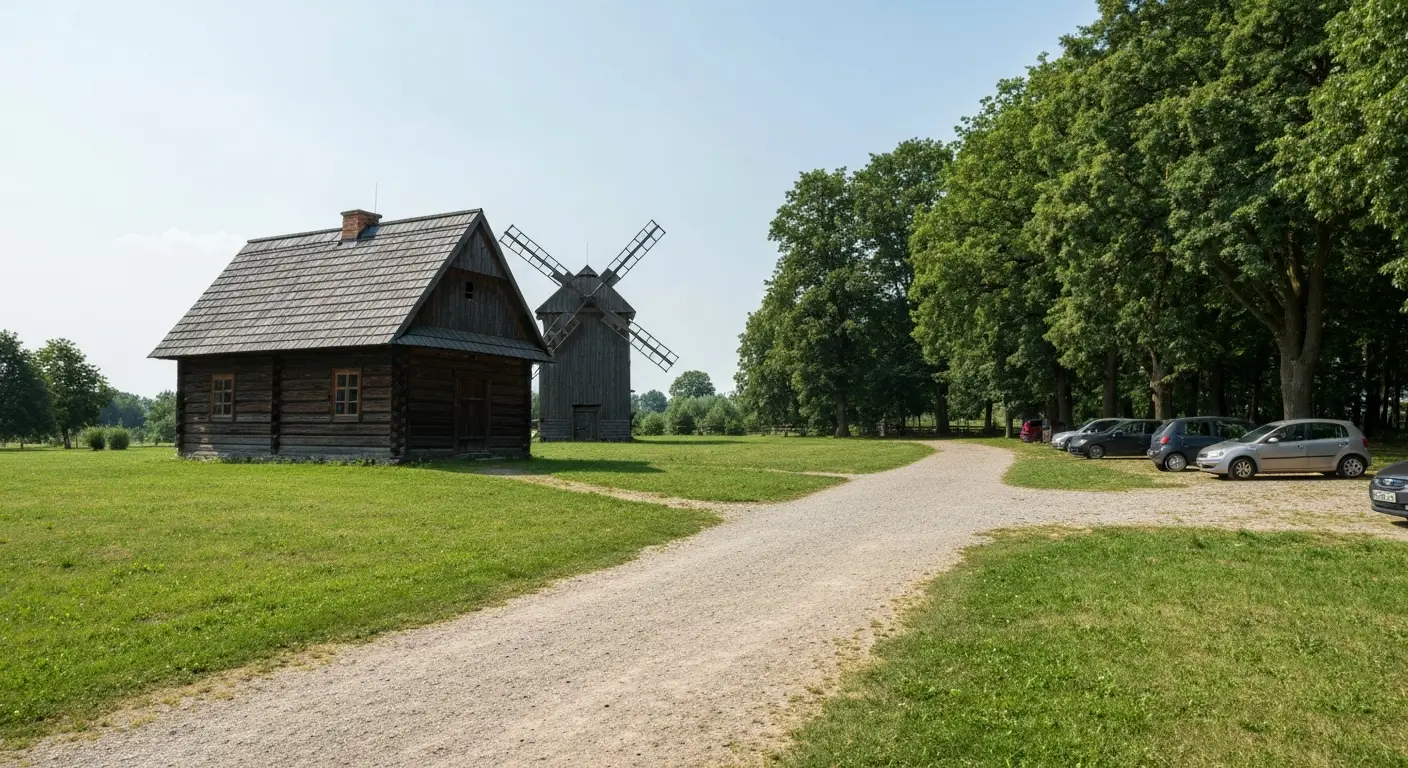 Drewniana chata i wiatrak w skansenie pod Radomiem, obok żwirowa alejka i zaparkowane samochody