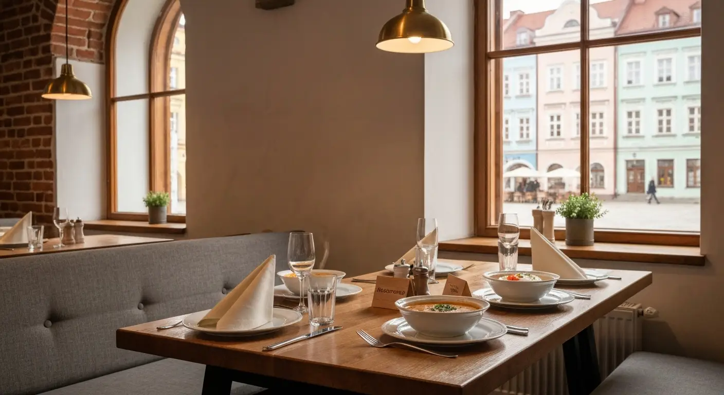 Nakryty drewniany stol z pierogami i zupa we wnetrzu restauracji w zabytkowej kamienicy w Radomiu, w tle okno na rynek