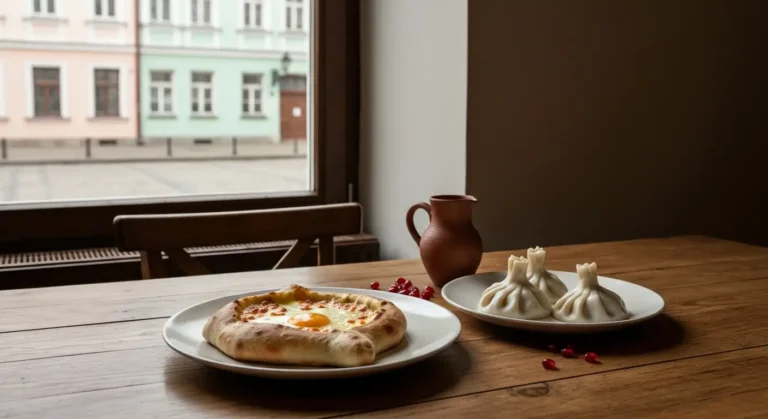 Chaczapuri z serem i jajkiem oraz chinkali na drewnianym stole w radomskiej restauracji, w tle kamienice