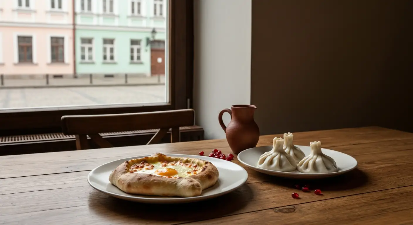 Chaczapuri z serem i jajkiem oraz chinkali na drewnianym stole w radomskiej restauracji, w tle kamienice