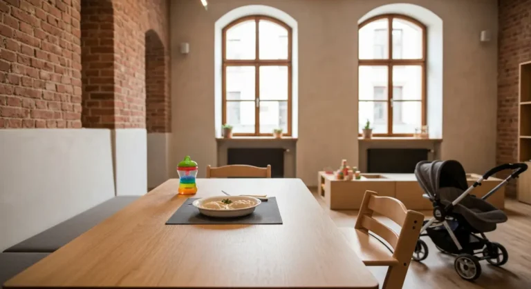 Wnetrze rodzinnej restauracji w radomskiej kamienicy - stolik z daniem dla dziecka, krzeselko i zlozony wozek