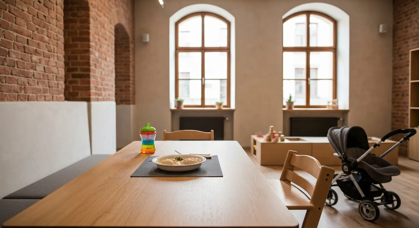 Wnetrze rodzinnej restauracji w radomskiej kamienicy - stolik z daniem dla dziecka, krzeselko i zlozony wozek