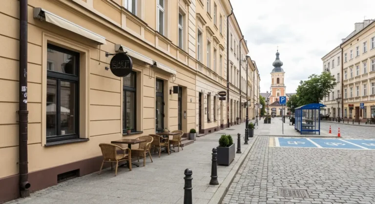 Deptak w centrum Radomia z kamienicami i ogrodkiem nowej restauracji przy bruku