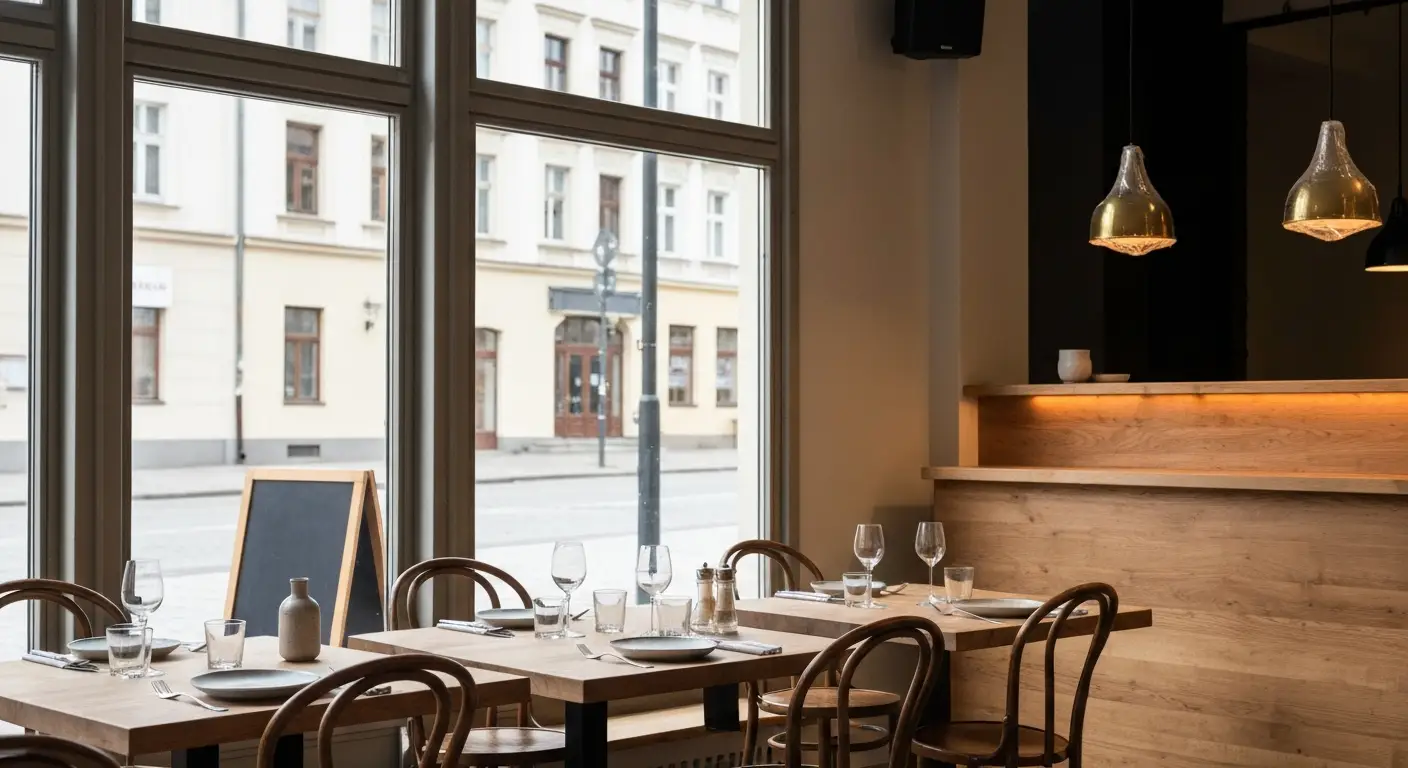 Wnetrze nowo otwartej restauracji w kamienicy w Radomiu - nakryte stoliki przy duzym oknie wychodzacym na ulice