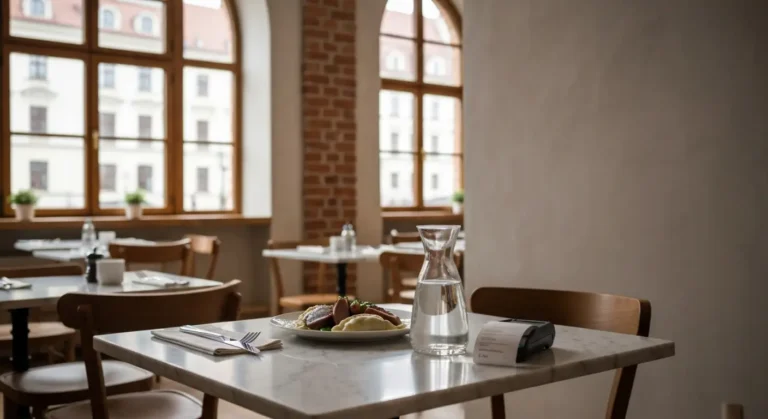 Stolik w nowej restauracji w Radomiu z daniem glownym i rachunkiem, w tle okna kamienicy przy rynku