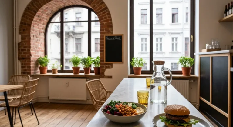 Wnetrze roslinnego bistro w radomskiej kamienicy z talerzem dan weganskich przy oknie