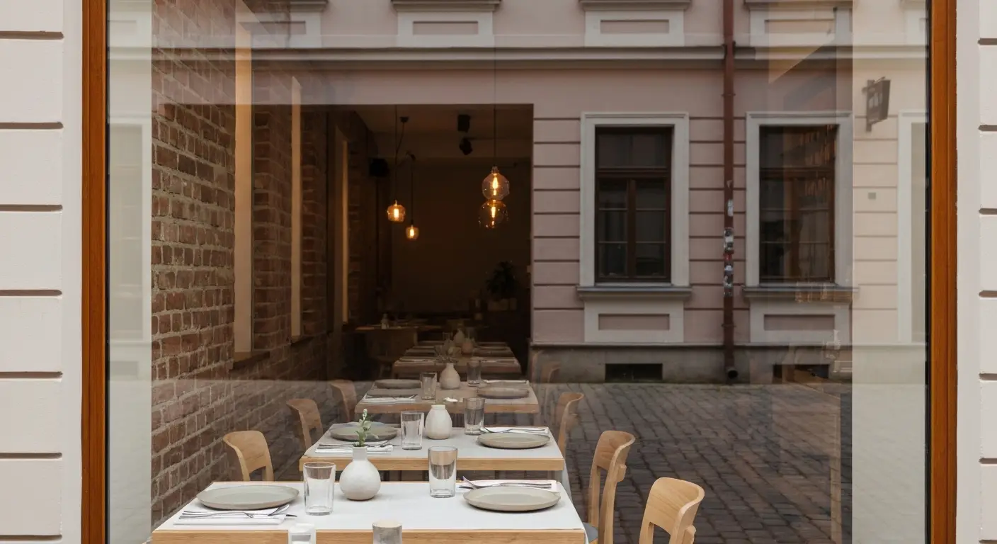 Wnetrze nowo otwartej restauracji w kamienicy w Radomiu widziane przez witryne, nakryte stoliki i ceglana sciana