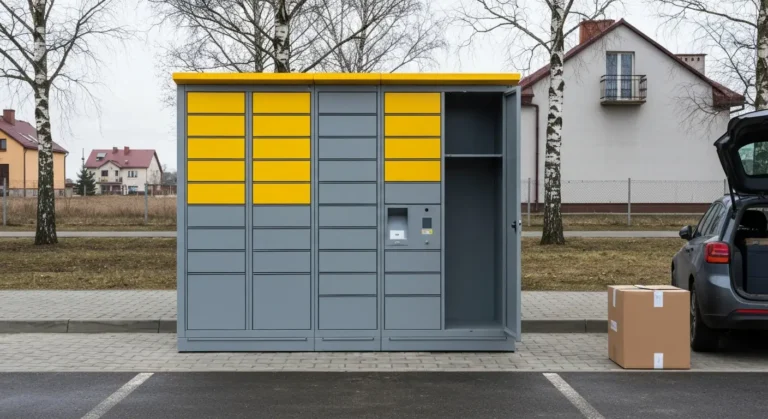 Automat paczkowy ze skrytkami gabarytowymi na parkingu przy pawilonie handlowym w Radomiu, obok duzy karton