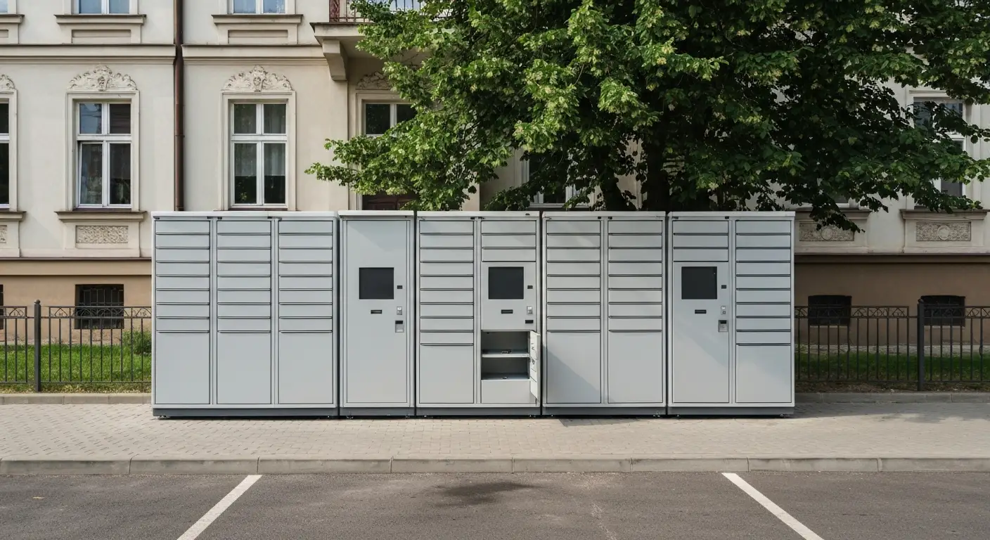 Rzad automatow paczkowych przy chodniku i miejscach parkingowych na tle kamienicy w Radomiu
