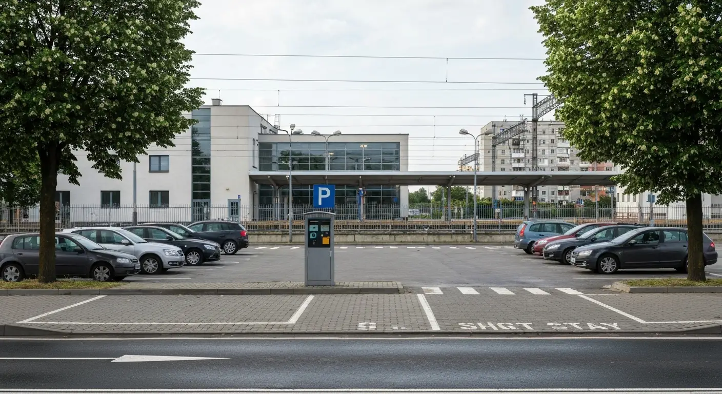 Parking z zaparkowanymi samochodami przed budynkiem dworca kolejowego w Radomiu
