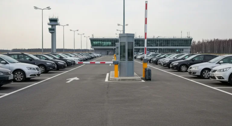 Parking przy lotnisku w Radomiu - rzedy zaparkowanych aut, szlaban i terminal w tle