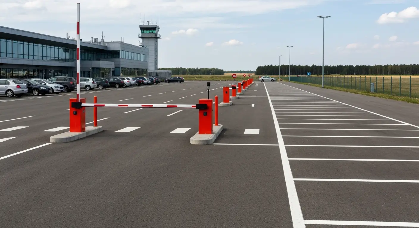 Parking przed terminalem lotniska pod Radomiem - rzedy zaparkowanych aut, szlaban i terminal biletowy przy wjezdzie