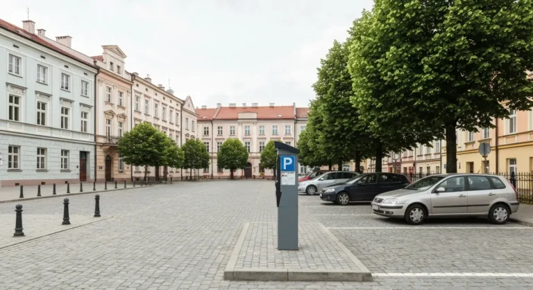 Parking z zaparkowanymi samochodami i parkomatem przy zabytkowych kamienicach w centrum Radomia