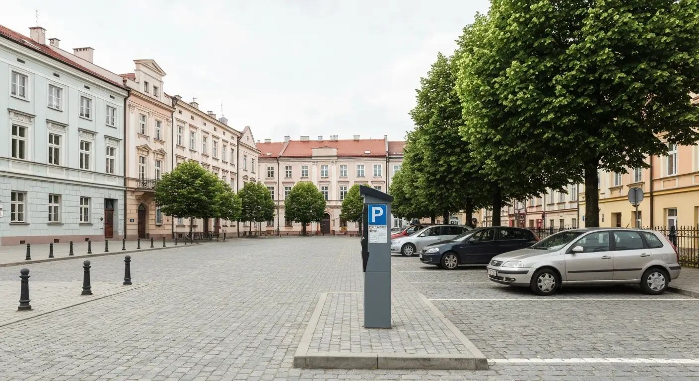 Parking z zaparkowanymi samochodami i parkomatem przy zabytkowych kamienicach w centrum Radomia