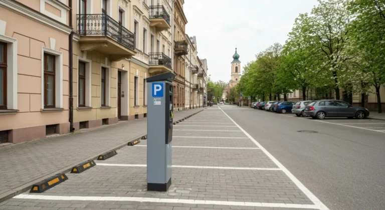 Parkomat i miejsca parkingowe przy brukowanej ulicy z kamienicami w centrum Radomia