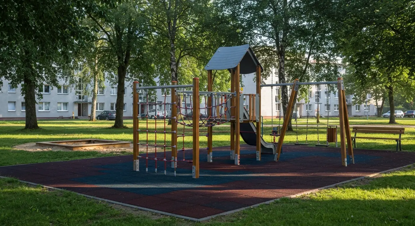 Osiedlowy plac zabaw w Radomiu - zestaw wspinaczkowy, zjezdzalnia i huśtawki na bezpiecznej nawierzchni w cieniu drzew