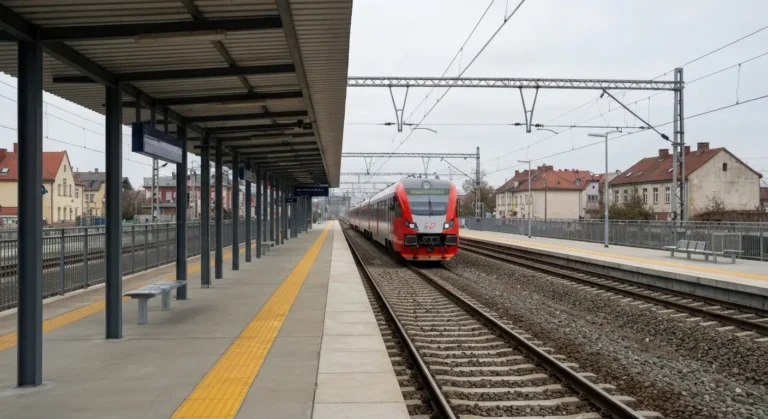 Peron stacji kolejowej w Radomiu z regionalnym pociagiem stojacym przy torze pod trakcja elektryczna