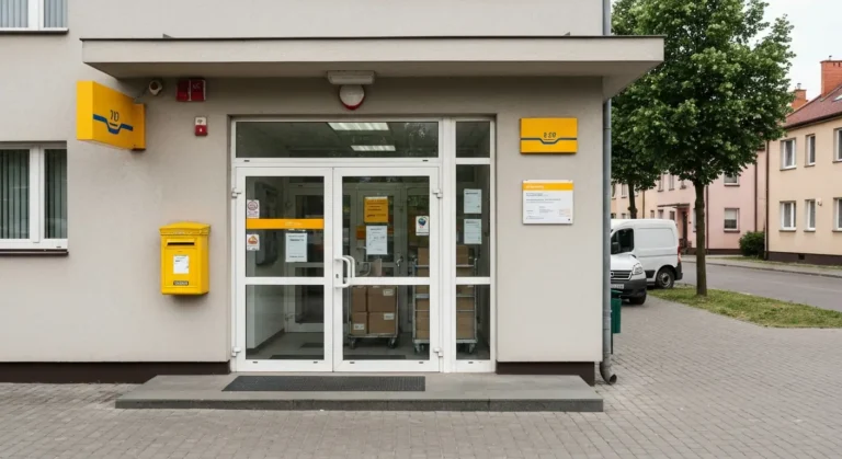 Wejscie do placowki pocztowej w Radomiu z zolta skrzynka na listy i furgonetka przy krawezniku