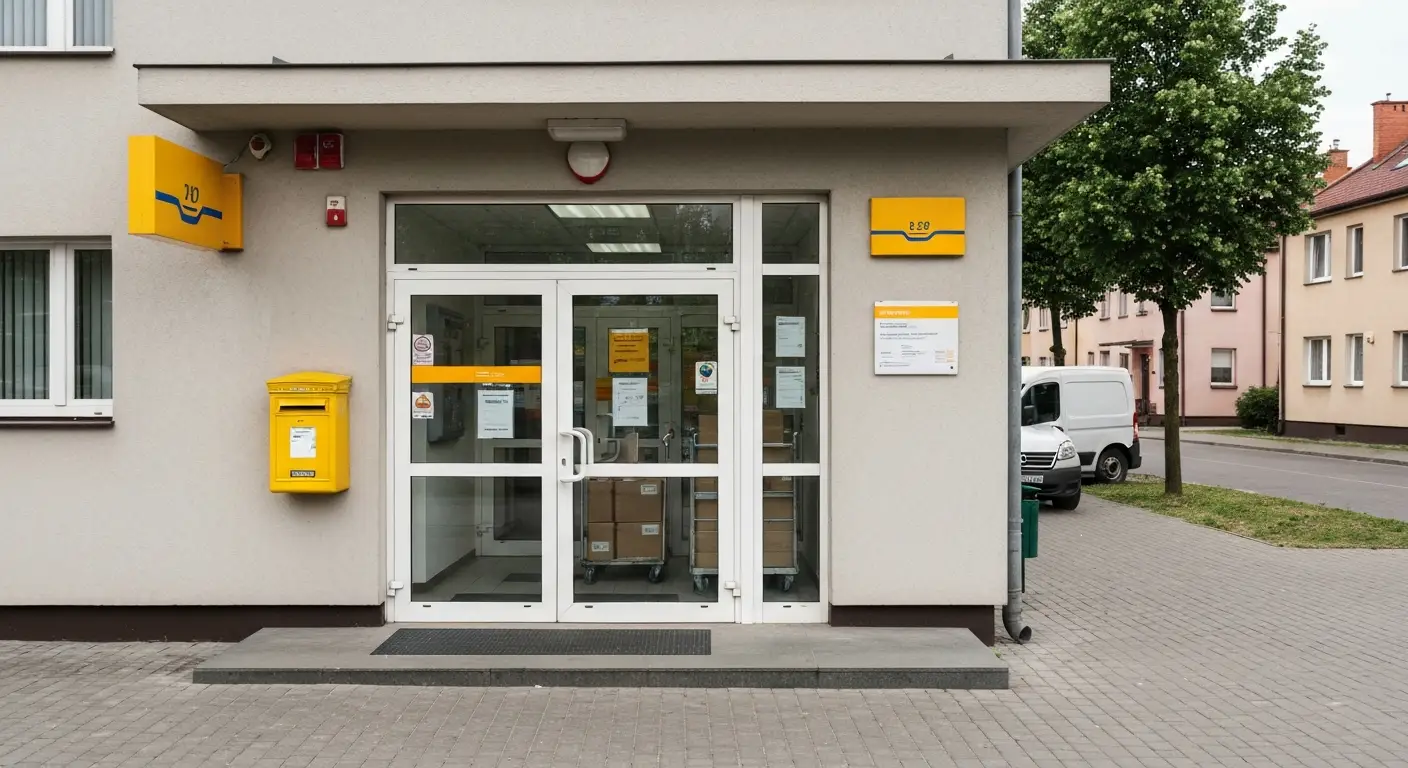Wejscie do placowki pocztowej w Radomiu z zolta skrzynka na listy i furgonetka przy krawezniku