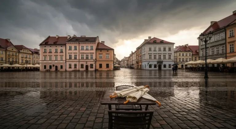 Mokry bruk radomskiego rynku po deszczu, kamienice i przelamujace sie chmury nad dachami