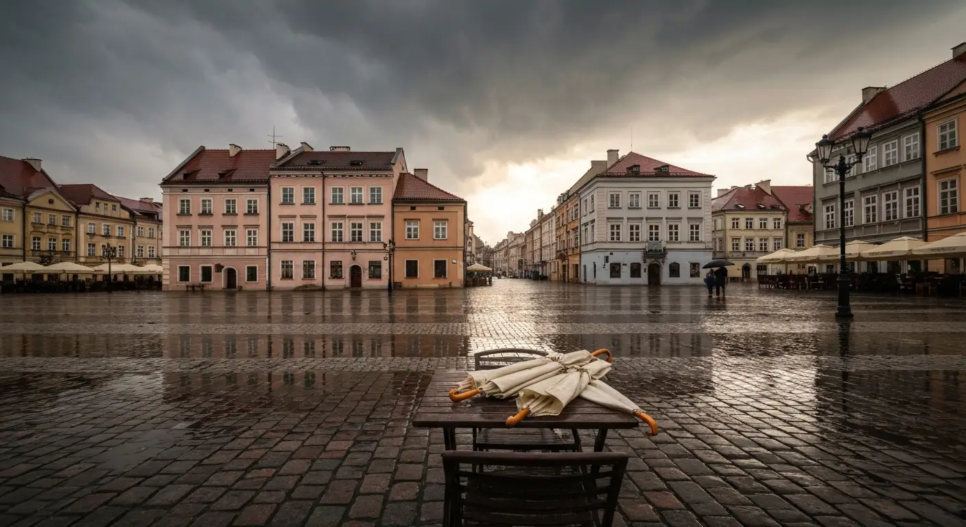 Mokry bruk radomskiego rynku po deszczu, kamienice i przelamujace sie chmury nad dachami