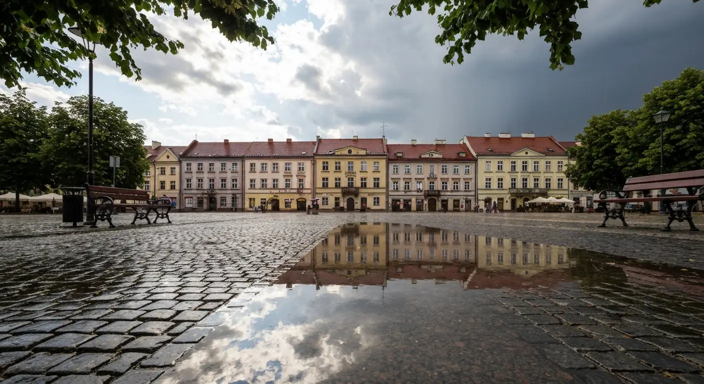 Mokry bruk radomskiego rynku po deszczu, kaluze odbijaja kamienice, a nad miastem chmury i przebijajace sloce