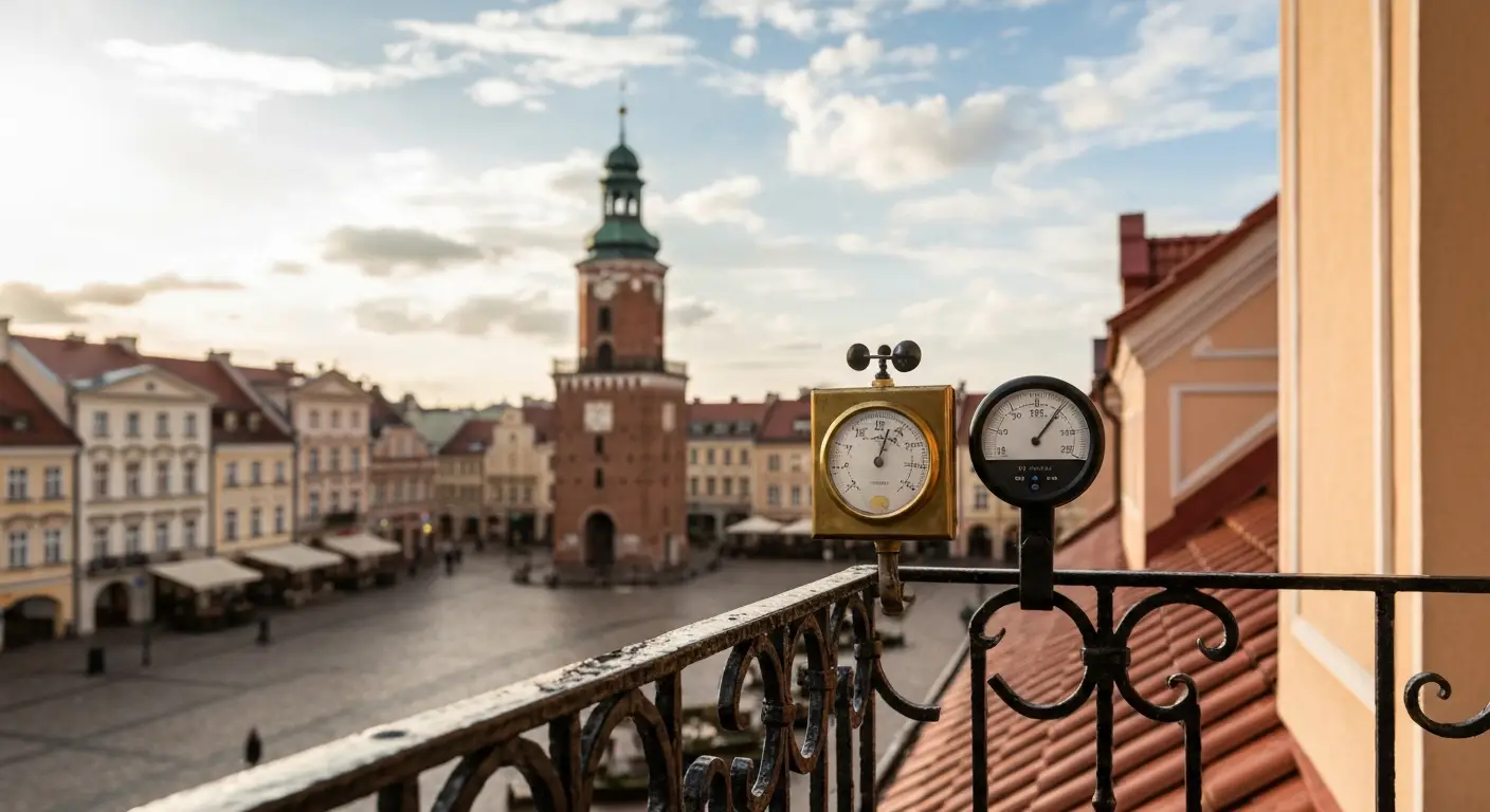 Barometr i wiatromierz na balustradzie kamienicy w Radomiu, w tle rynek i wieza ratusza po deszczu