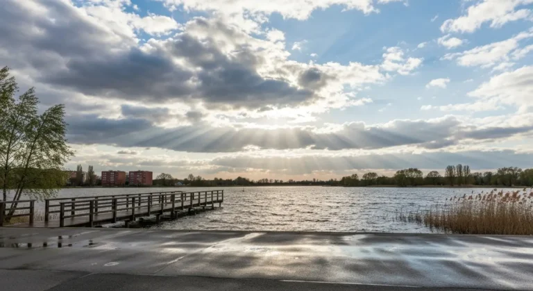 Zmienna pogoda nad zalewem w Radomiu - slonce przebijajace sie przez chmury nad woda i mokra promenada