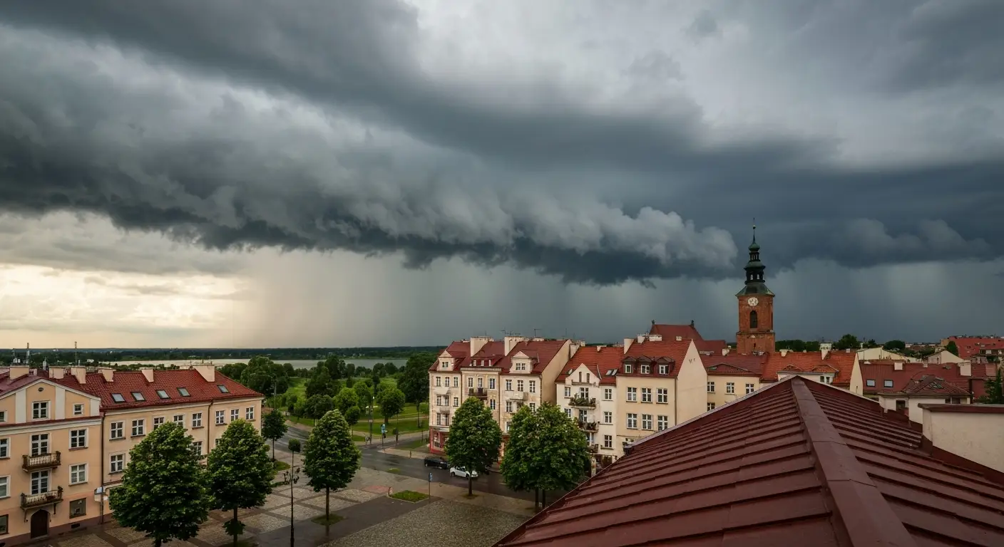 Burzowe chmury i deszcz nad kamienicami oraz mokrym brukiem w centrum Radomia