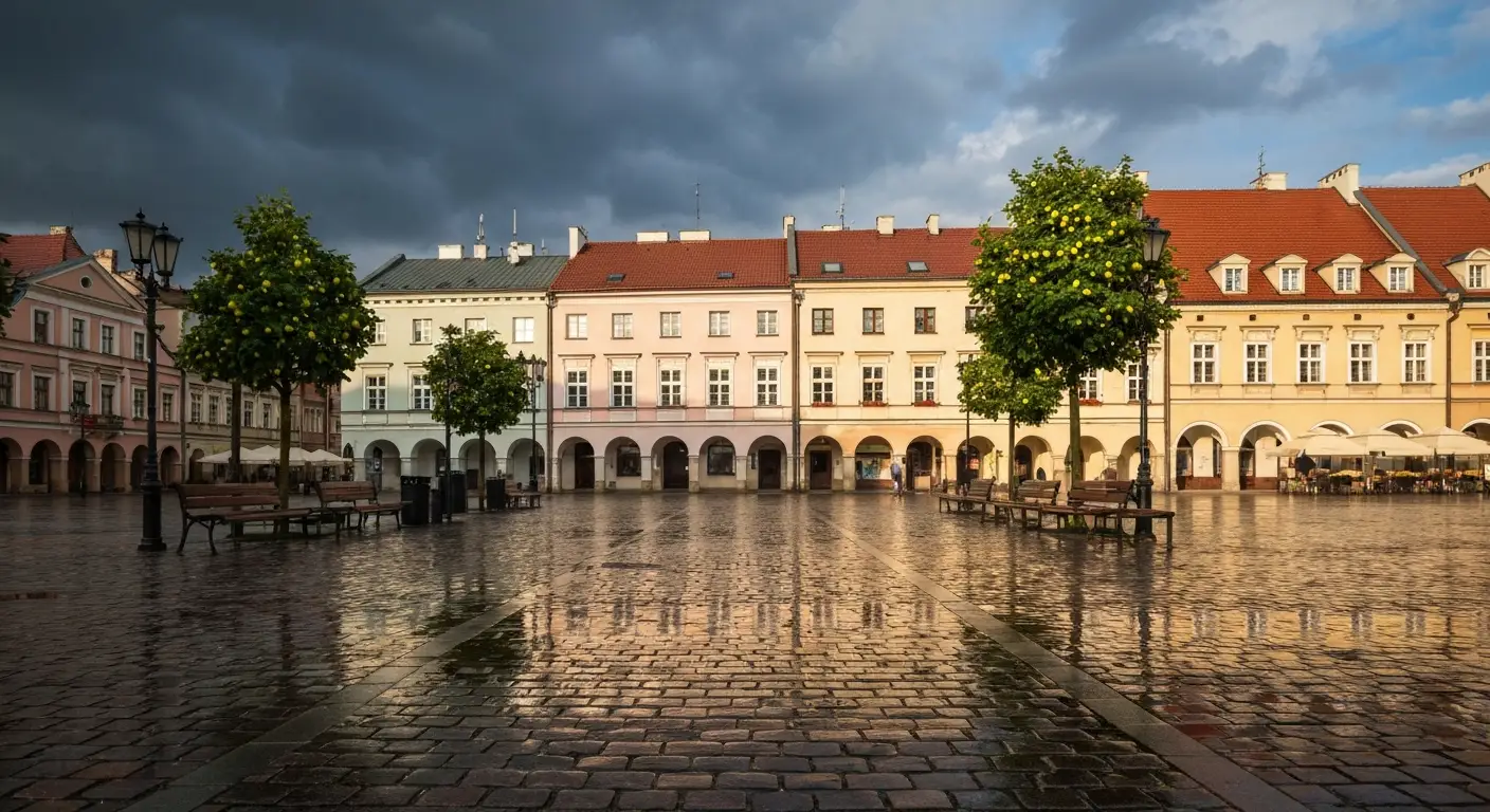 Mokry od deszczu rynek w Radomiu z kamienicami, kaluzami i przebijajacym sloncem podczas zmiennej pogody