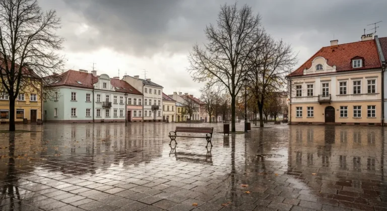 Mokry bruk radomskiego rynku z kamienicami po deszczu, wietrzny dzien i przebijajace sie slonce