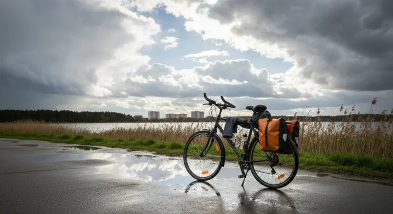 Rower turystyczny z sakwami na mokrej sciezce rowerowej nad zalewem Borki w Radomiu, nad horyzontem burzowe chmury