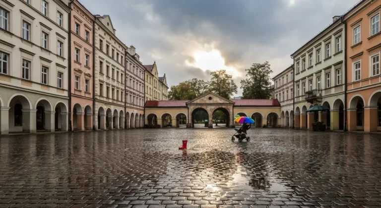 Deszczowe popoludnie na rynku w Radomiu - mokra kostka, parasole i wozek dzieciecy pod kamienica