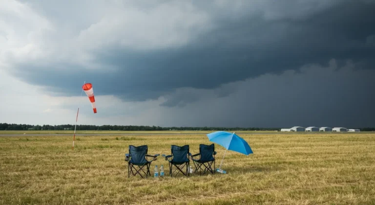 Trawiaste pole przy radomskim lotnisku z pustymi krzeselkami i parasolem, nad horyzontem nadciaga burzowa chmura