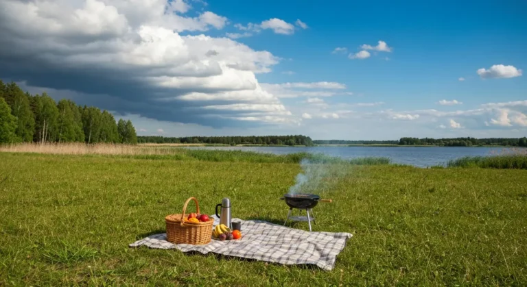Koc piknikowy z koszem i przenosnym grillem na trawie nad zalewem Borki w Radomiu, w tle nadciagajace chmury burzowe