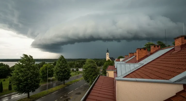 Ciemny front burzowy z sciana deszczu nad dachami kamienic i wiezami Radomia, wiatr zgina przydrozne drzewa