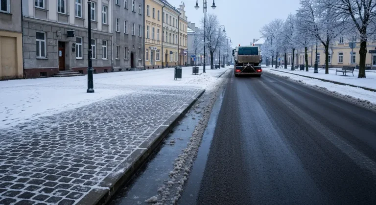 Zasniezona ulica w Radomiu z oblodzona jezdnia, blotem posniegowym i piaskarka w tle zima