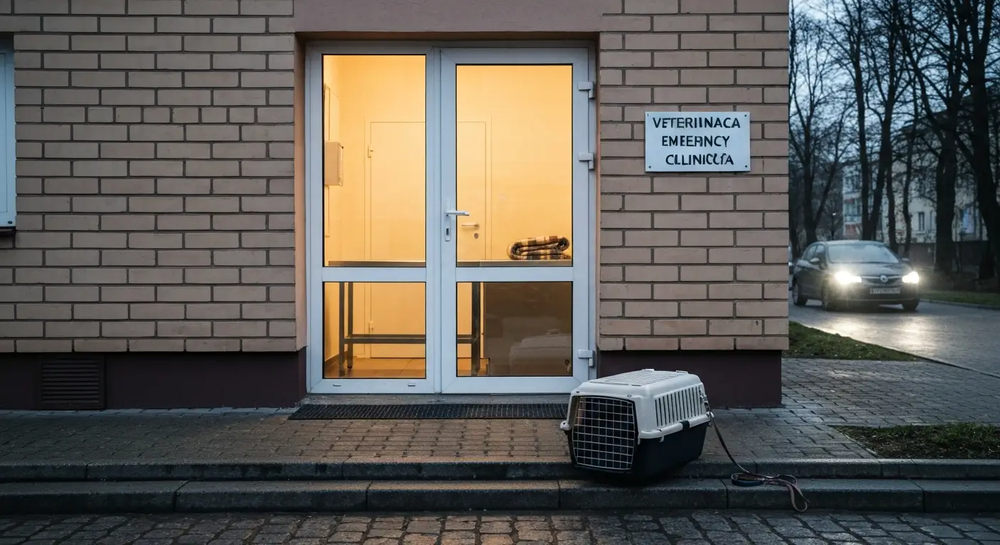 Wejscie do calodobowej lecznicy weterynaryjnej w Radomiu o zmierzchu, przed drzwiami transporter dla zwierzat i smycz