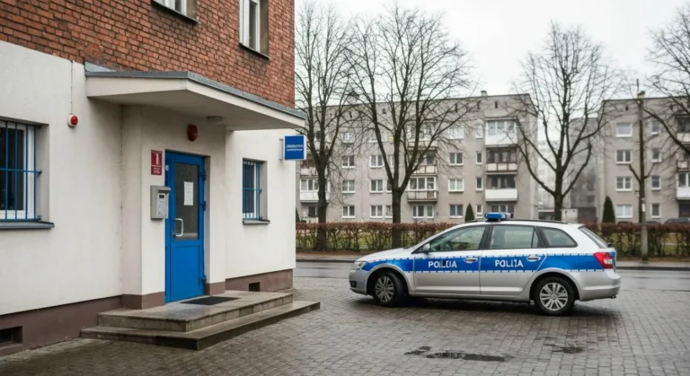 Wejscie do budynku komisariatu policji w Radomiu z radiowozem zaparkowanym przy krawezniku