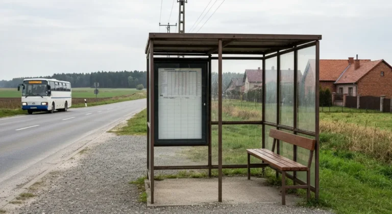 Przystanek autobusowy przy drodze pod Radomiem, w tle mazowieckie pola i nadjezdzajacy autobus