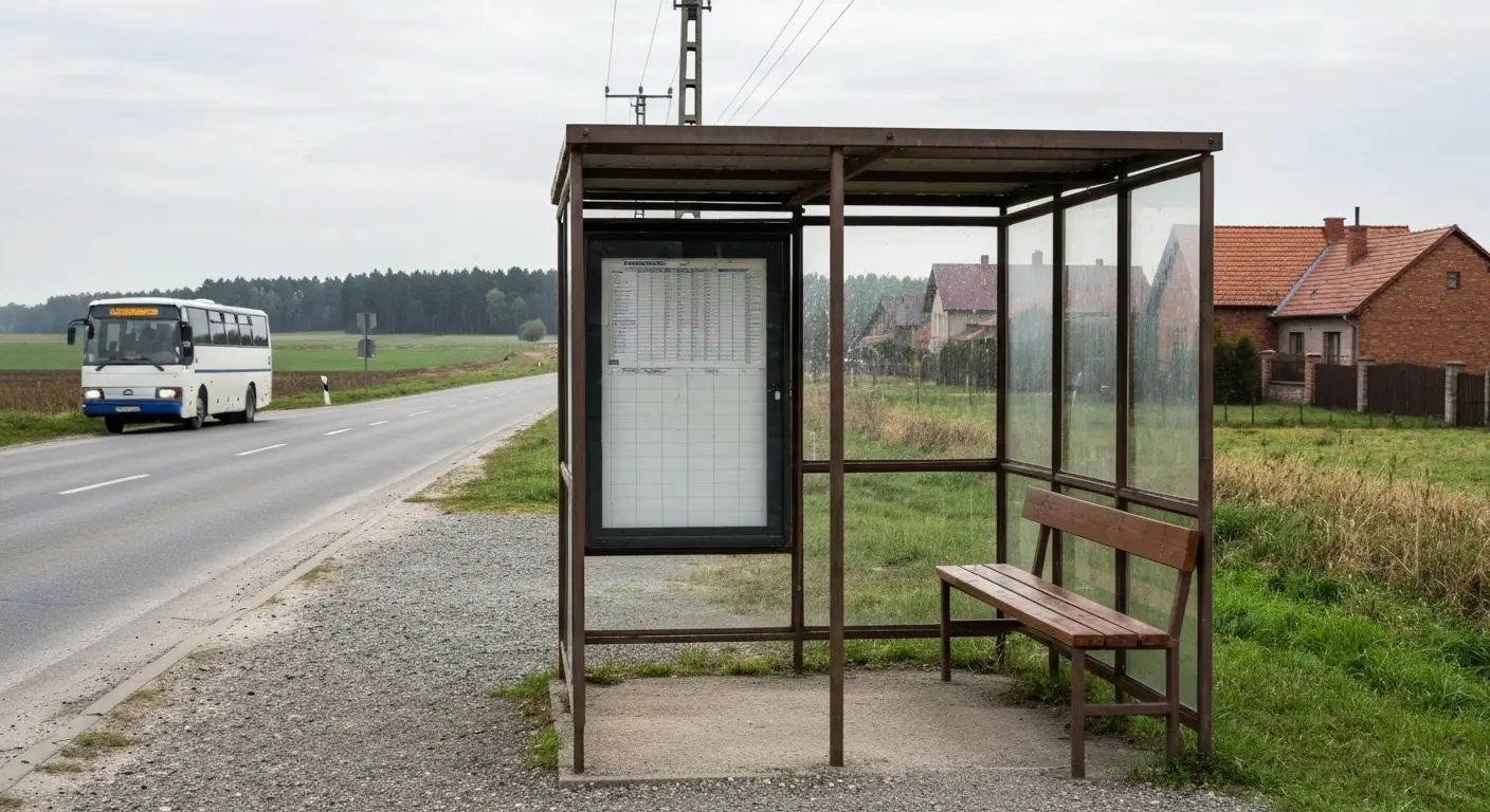 Przystanek autobusowy przy drodze pod Radomiem, w tle mazowieckie pola i nadjezdzajacy autobus