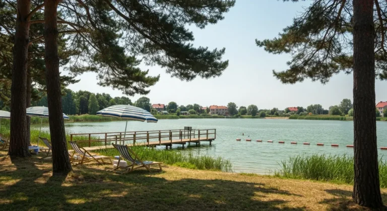 Miejskie kapielisko nad zalewem w Radomiu w upalny letni dzien - pomost, boje i cien sosen nad woda
