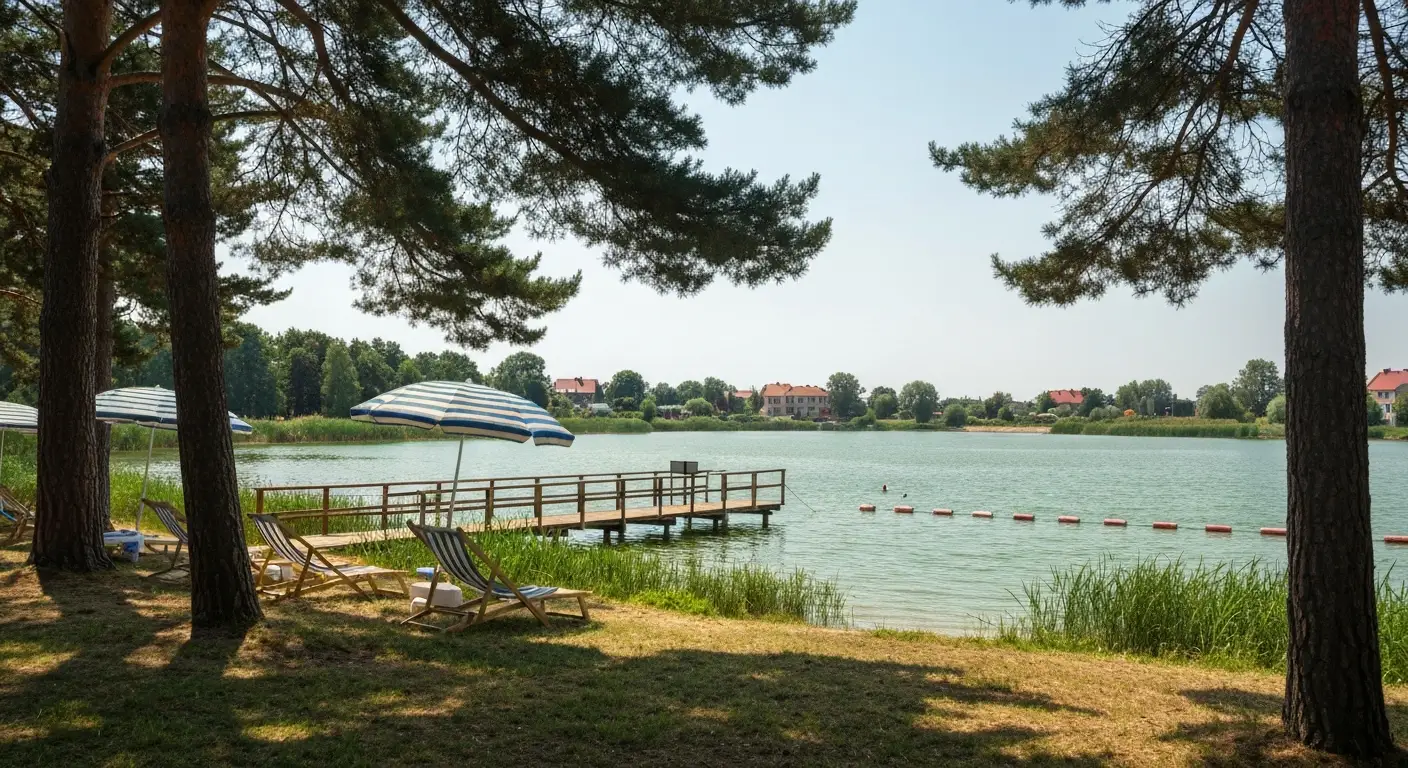 Miejskie kapielisko nad zalewem w Radomiu w upalny letni dzien - pomost, boje i cien sosen nad woda