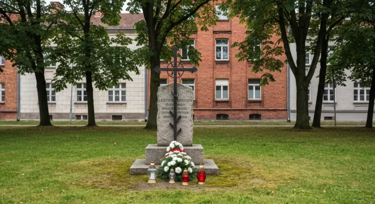 Kamienny pomnik pamieci z zelaznym krzyzem, zniczami i wiencem przy radomskiej ulicy z kamienicami w tle